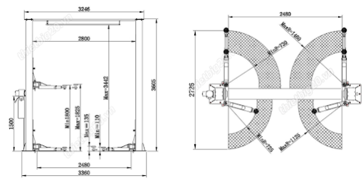 THÔNG SỐ KỸ THUẬT CẦU NÂNG 2 TRỤ GIẰNG TRÊN TITANO TC-4000S - 4 TẤN,GIẬT 1 BÊN