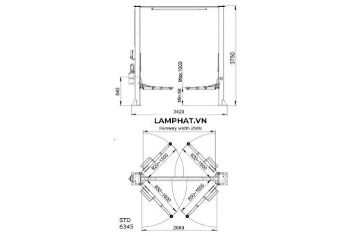 THÔNG SỐ KỸ THUẬT CẦU NÂNG Ô TÔ 2 TRỤ GIẰNG TRÊN TITANO STD-6345 - 4.5 TẤN, CÓC ĐIỆN