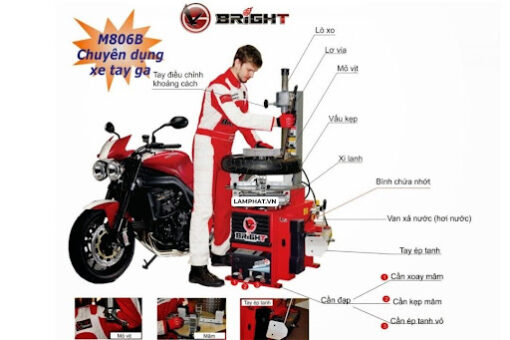 Thông số kỹ thuật Máy ra vào lốp xe máy, xe đạp điện, xe sân Golf Bright M806B